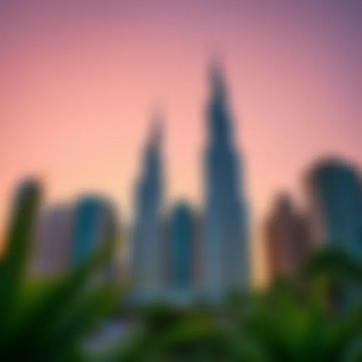 Stunning view of Emirates Towers at sunset showcasing their reflective glass facade.