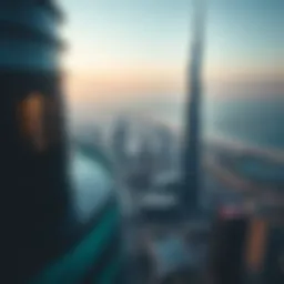 Aerial view showcasing the distinctive silhouette of Corniche Tower against the Dubai skyline