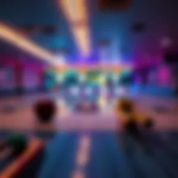 A vibrant bowling alley scene featuring modern lanes and ambient lighting.