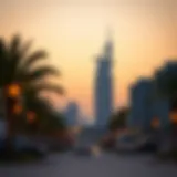 Spectacular view of Burj Al-Manar against the sunset