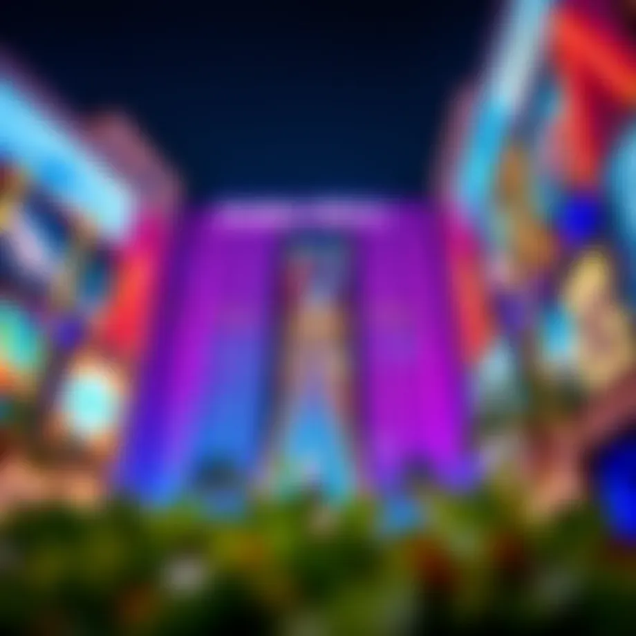 A stunning view of the Dubai Mall facade at night, illuminated with vibrant lights.