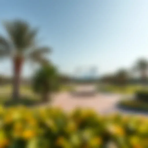 A panoramic view of a park with Dubai Frame in the background