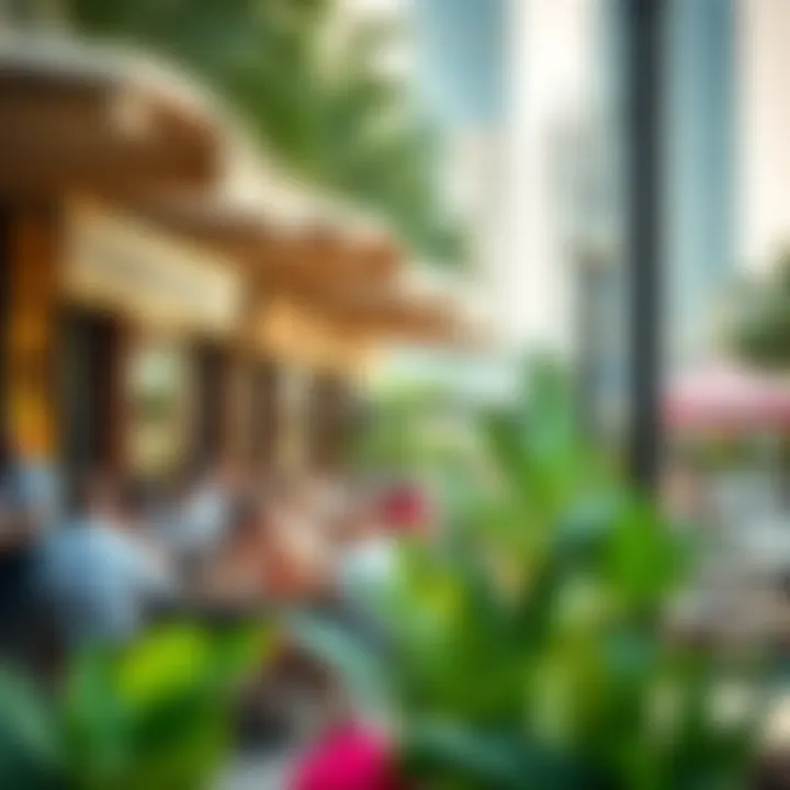 Al Fresco Dining in the Heart of Business Bay A bustling outdoor dining area in Business Bay filled with diners enjoying their meals
