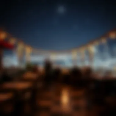 Nighttime ambiance of a rooftop restaurant with city lights