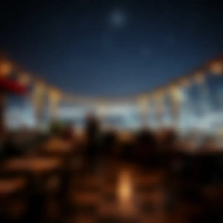 Nighttime ambiance of a rooftop restaurant with city lights