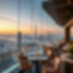 Panoramic view of Dubai skyline from a rooftop restaurant