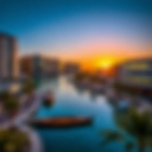 Scenic view of the Dubai Canal Walk at sunset