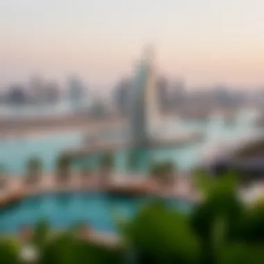 Panoramic view of Dubai Fontana with iconic skyline in the background