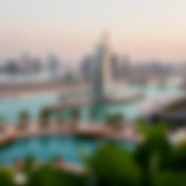 Panoramic view of Dubai Fontana with iconic skyline in the background