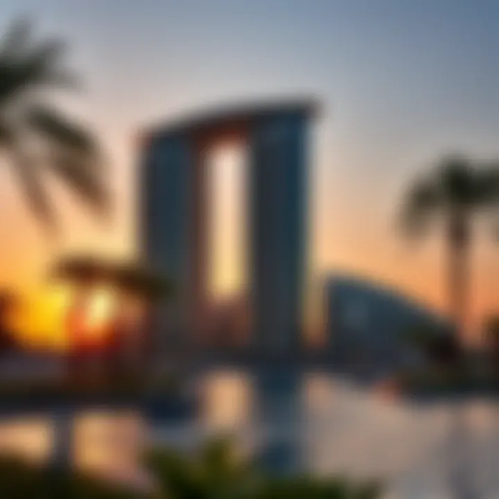 Stunning view of the Palm Tower Residences at sunset