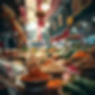 A vibrant market showcasing fresh ingredients and spices for preparing iftar meals