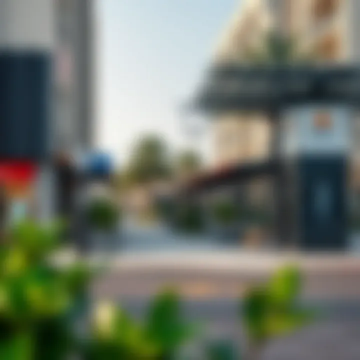 A vibrant street scene near the Max Metro Bus Stop highlighting local amenities and shops