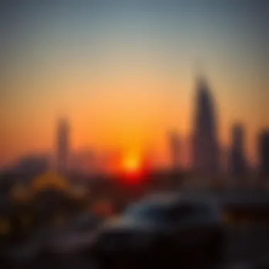 Dubai Skyline at Sunset During Ramadan Sunset over a Dubai skyline with Ramadan decorations