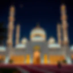 A beautiful mosque illuminated at night during Ramadan