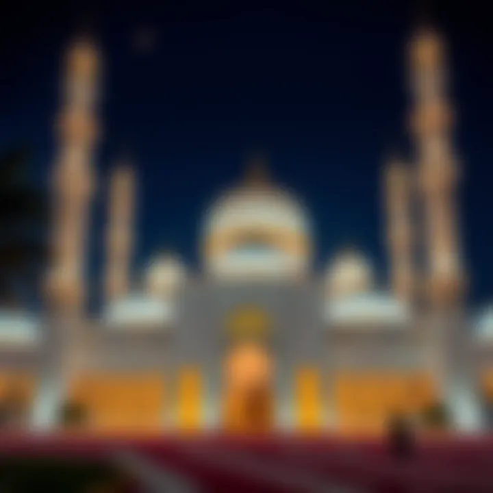 Mosque Illuminated During Ramadan A beautiful mosque illuminated at night during Ramadan