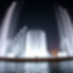 A breathtaking view of the Dubai Fountain illuminated at night