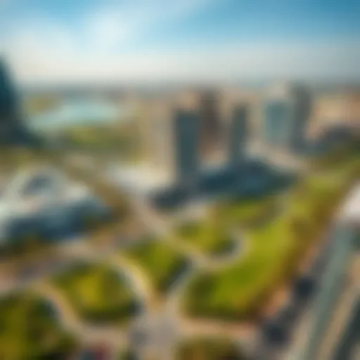 Aerial view of Media City showcasing modern architecture and lush green spaces