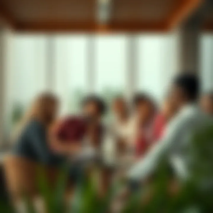 A diverse group of individuals engaged in discussion about residency options